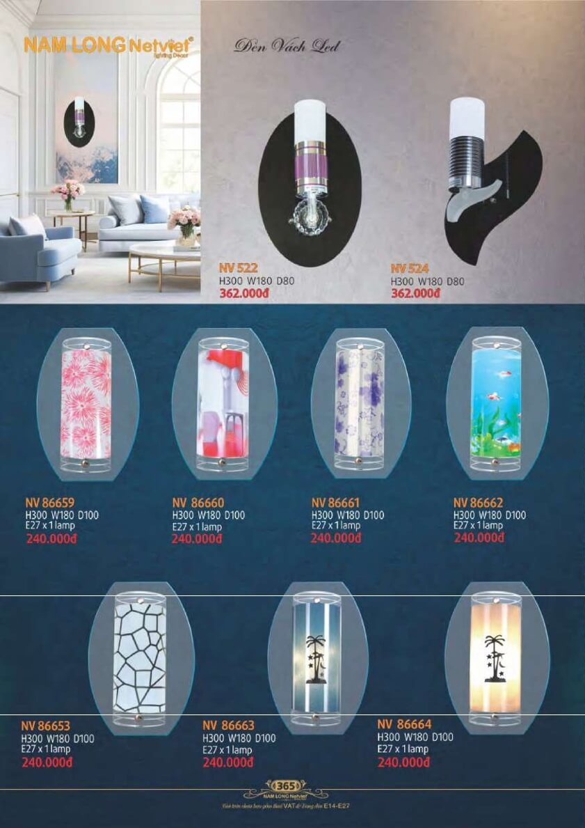 Đèn vách Nam Long Netviet NV 522, NV 524, NV 86659, NV 86660, NV 86661, NV 86662, NV 86653, NV 86663, NV 86664