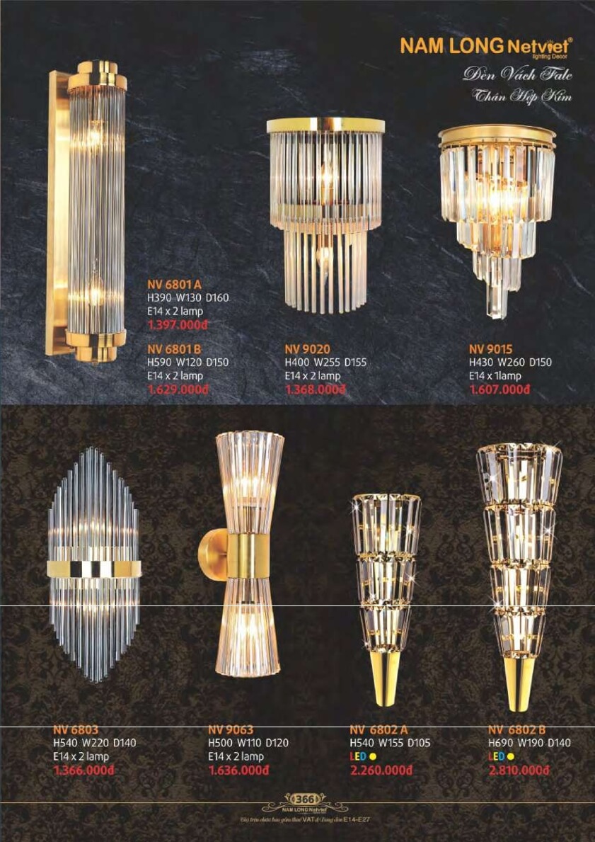 Đèn vách Nam Long Netviet NV 6801A, NV 6801B, NV 9020, NV 9015, NV 6803, NV 9063, NV 6802A, NV 6802B
