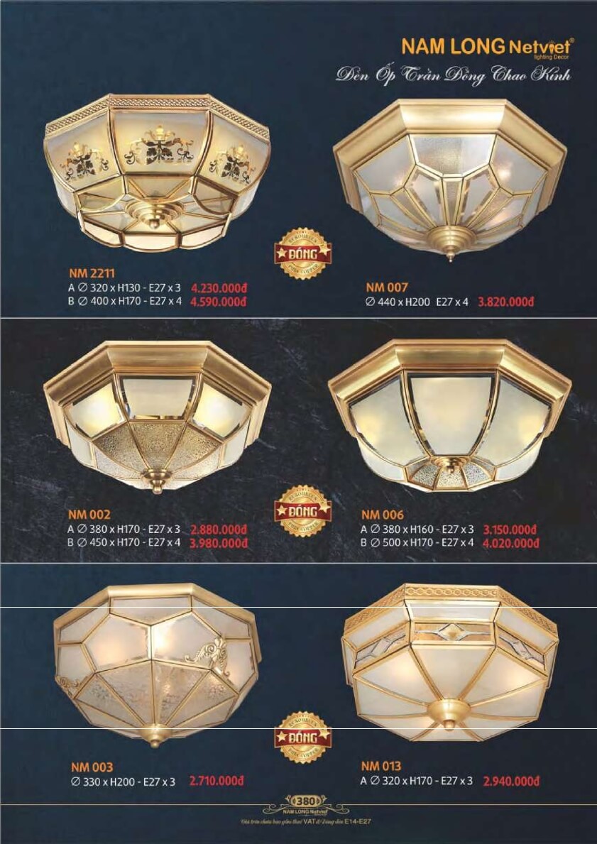 Đèn ốp trần đồng Nam Long Netviet NM 2211, NM 007, NM 002, NM 006, NM 003, NM 013