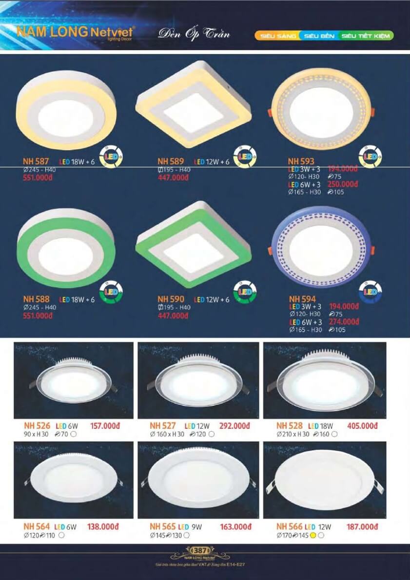 Đèn ốp trần Nam Long Netviet NH 587, NH 589, NH 593, NH 588, NH 590, NH 594, NH 526, NH 527, NH 528, NH 564, NH 565, NH 566