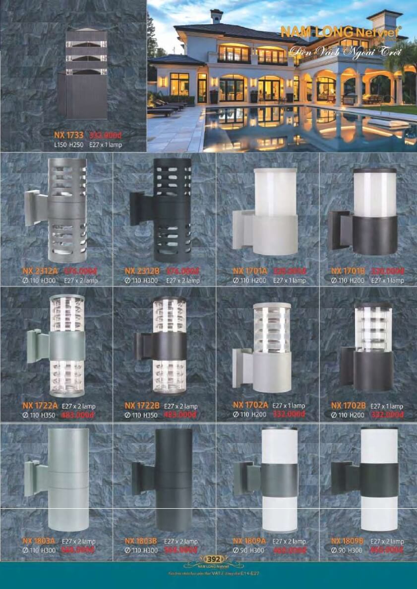 Đèn vách ngoài trời Nam Long Netviet NX 1733, NX 2312A, NX 2312B, NX 1701A, NX 1701B, NX 1722A, NX 1722B, NX 1702A, NX 1702B, NX 1803A, NX 1803B, NX 1809A, NX 1809B