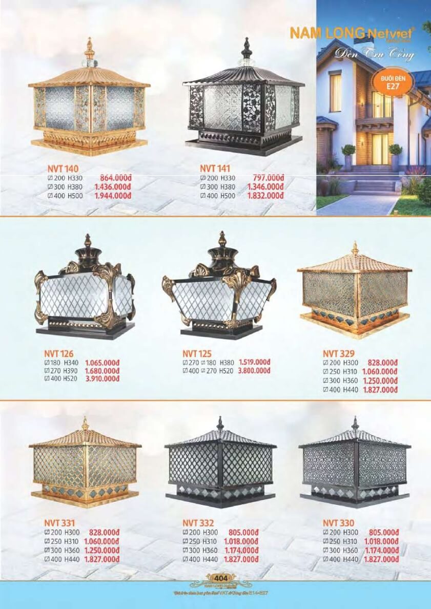 Đèn trụ cổng Nam Long Netviet NVT 140, NVT 141, NVT 125, NVT 126, NVT 329, NVT 331, NVT 332, NVT 330