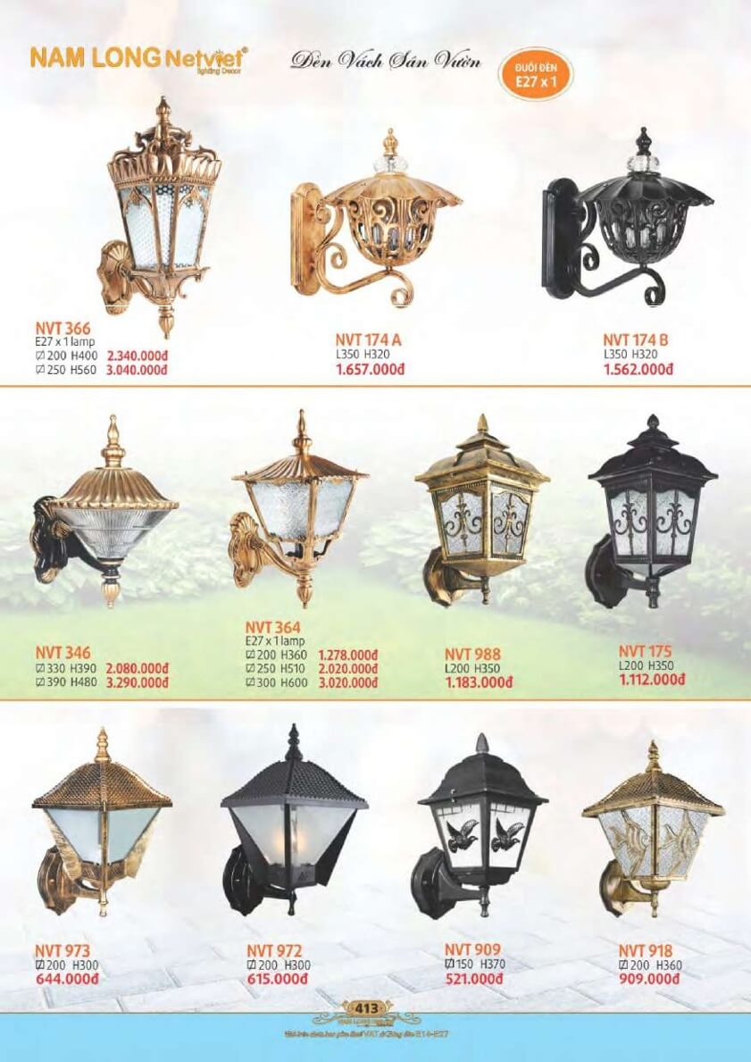 Đèn vách sân vườn Nam Long Netviet NVT 366, NVT 174A, NVT 174B, NVT 346, NVT 364, NVT 988, NVT 175, NVT 973, NVT 972, NVT 909, NVT 918