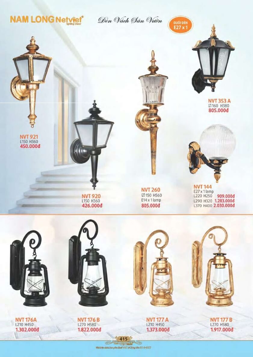 Đèn vách sân vườn Nam Long Netviet NVT 921, NVT 920, NVT 260, NVT 353A, NVT 144, NVT 176A, NVT 176B, NVT 177A, NVT 177B