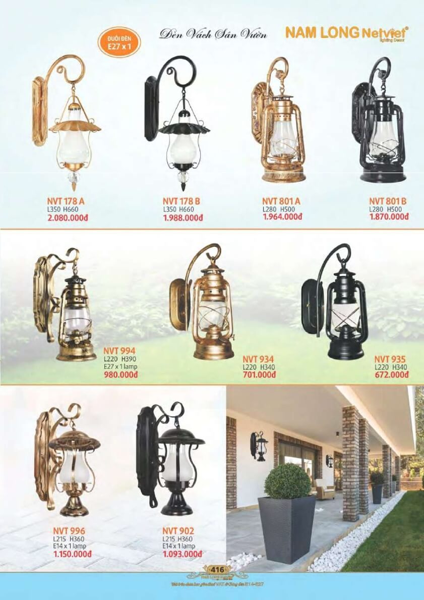 Đèn vách sân vườn Nam Long Netviet NVT 178A, NVT 178B, NVT 801A, NVT 801B, NVT 994, NVT 934, NVT 935, NVT 996, NVT 902