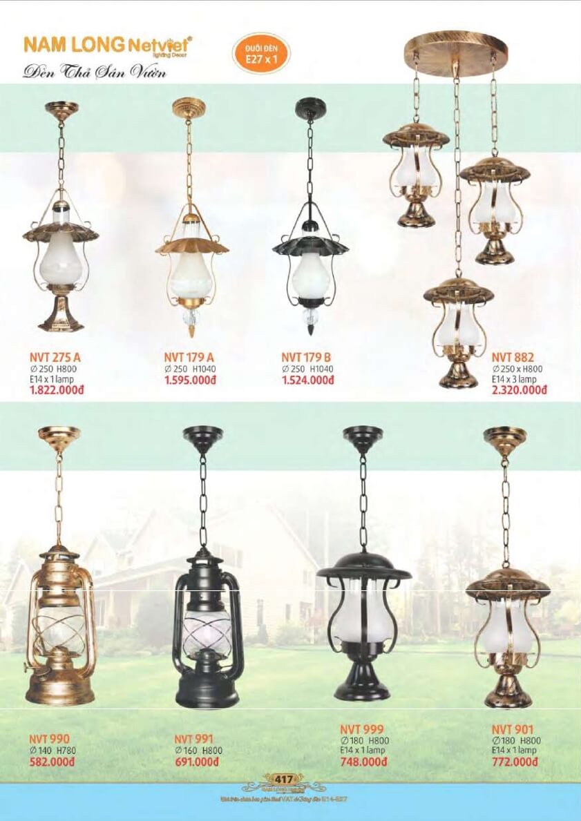 Đèn thả sân vườn Nam Long Netviet NVT 275A, NVT 179A, NVT 179B, NVT 882, NVT 990, NVT 991, NVT 999, NVT 901