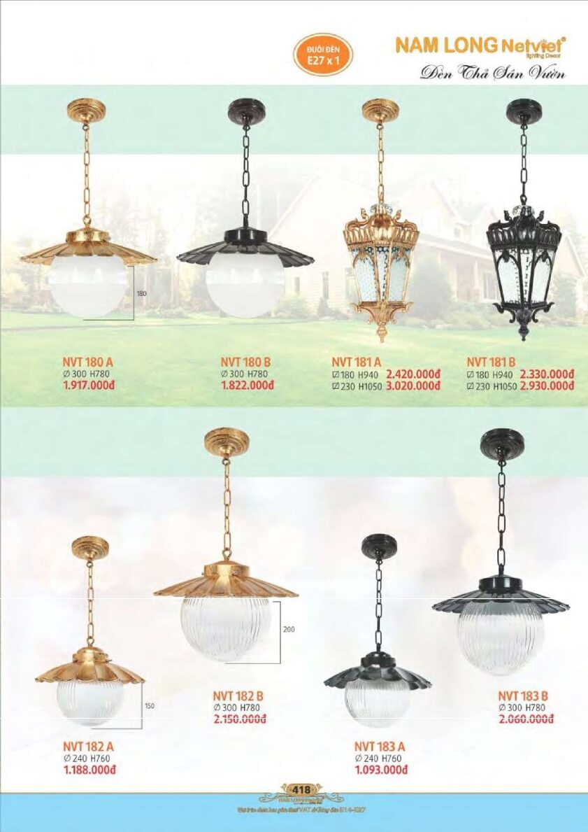Đèn thả sân vườn Nam Long Netviet NVT 180A, NVT 180B, NVT 181A, NVT 181B, NVT 182A, NVT 182B, NVT 183A, NVT 183B