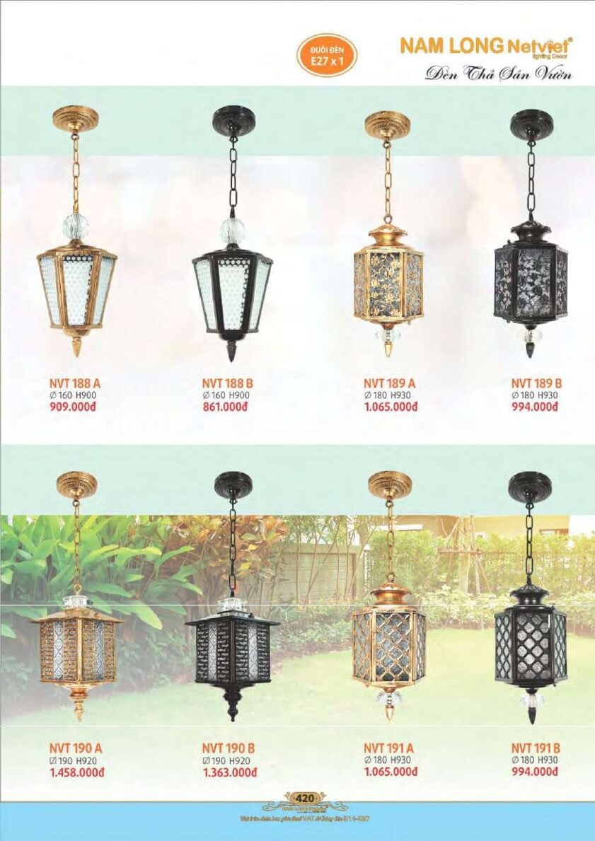 Đèn thả sân vườn Nam Long Netviet NVT 188A, NVT 188B, NVT 189A, NVT 189B, NVT 190A, NVT 190B, NVT 191A, NVT 191B