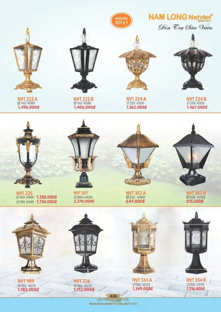 Đèn trụ sân vườn Nam Long Netviet NVT 223A, NVT 223B, NVT 224A, NVT 224B, NVT 225, NVT 307, NVT 352A, NVT 352B, NVT 989, NVT 226, NVT 334A, NVT 334B