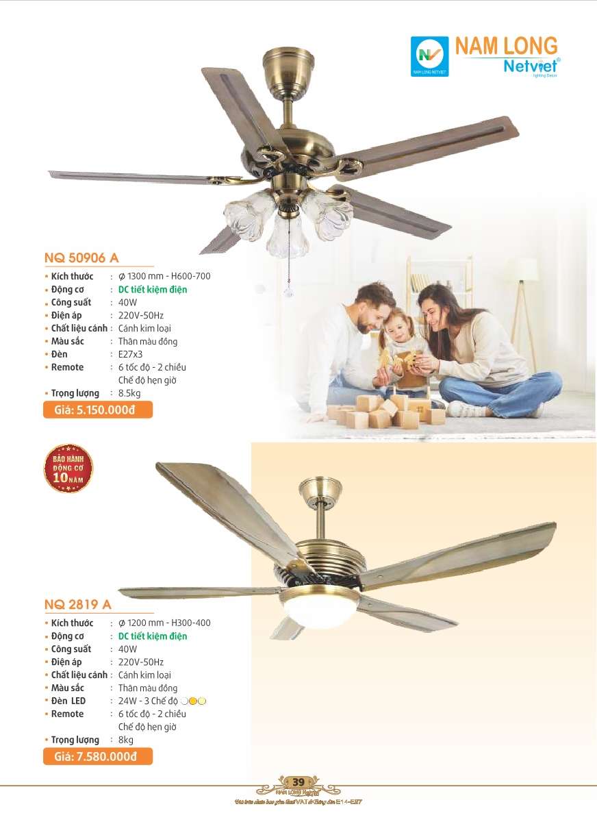 Quạt trần Nam Long Netviet NQ 50906A, NQ 2819A
