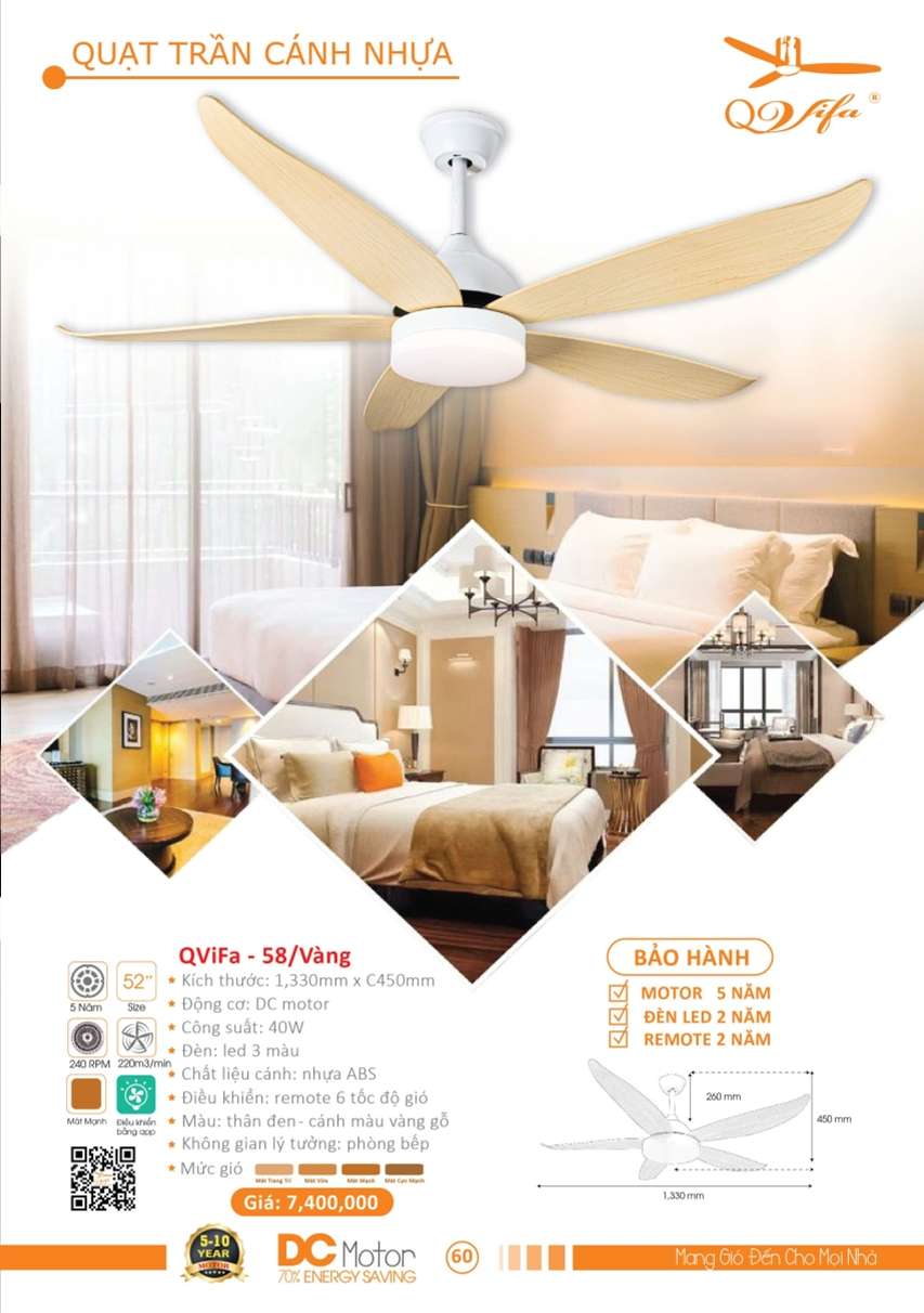Quạt trần QViFa - 58/Vàng