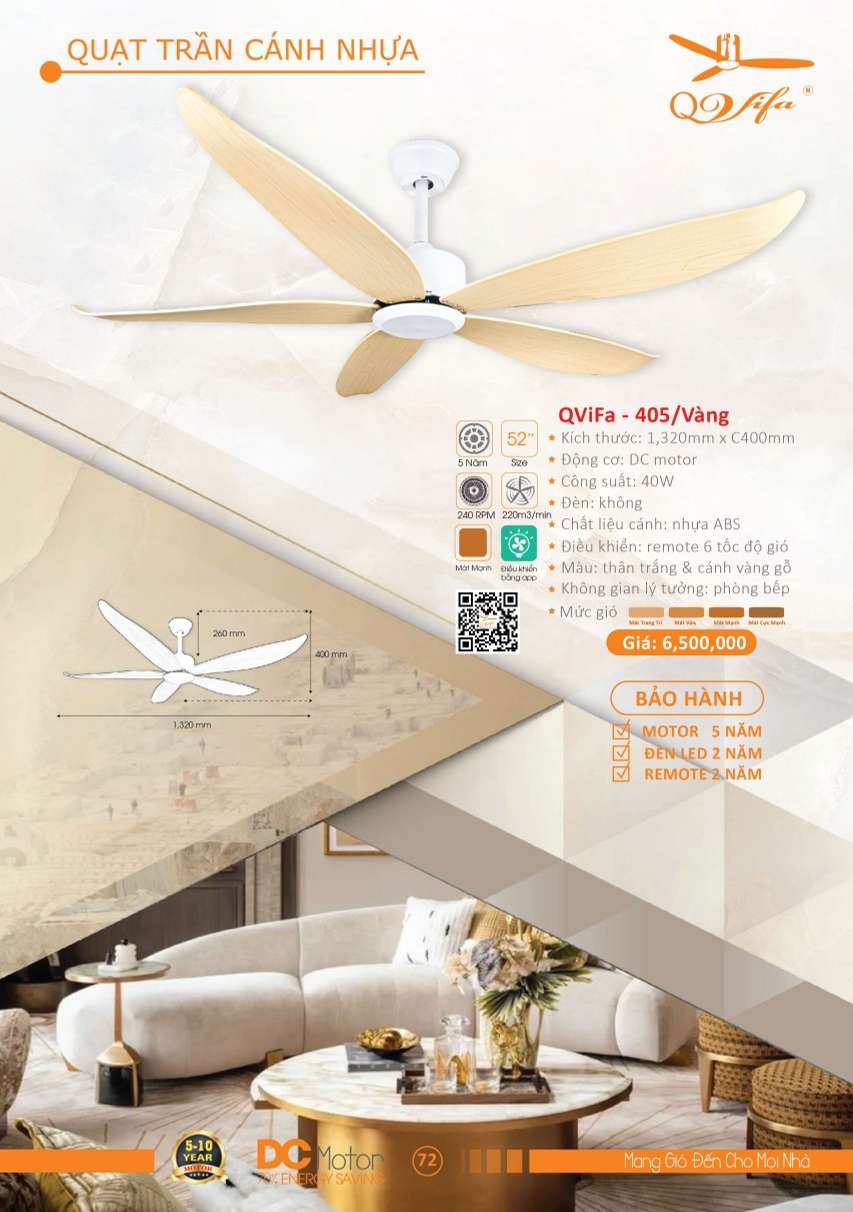 Quạt trần QViFa - 405/Vàng