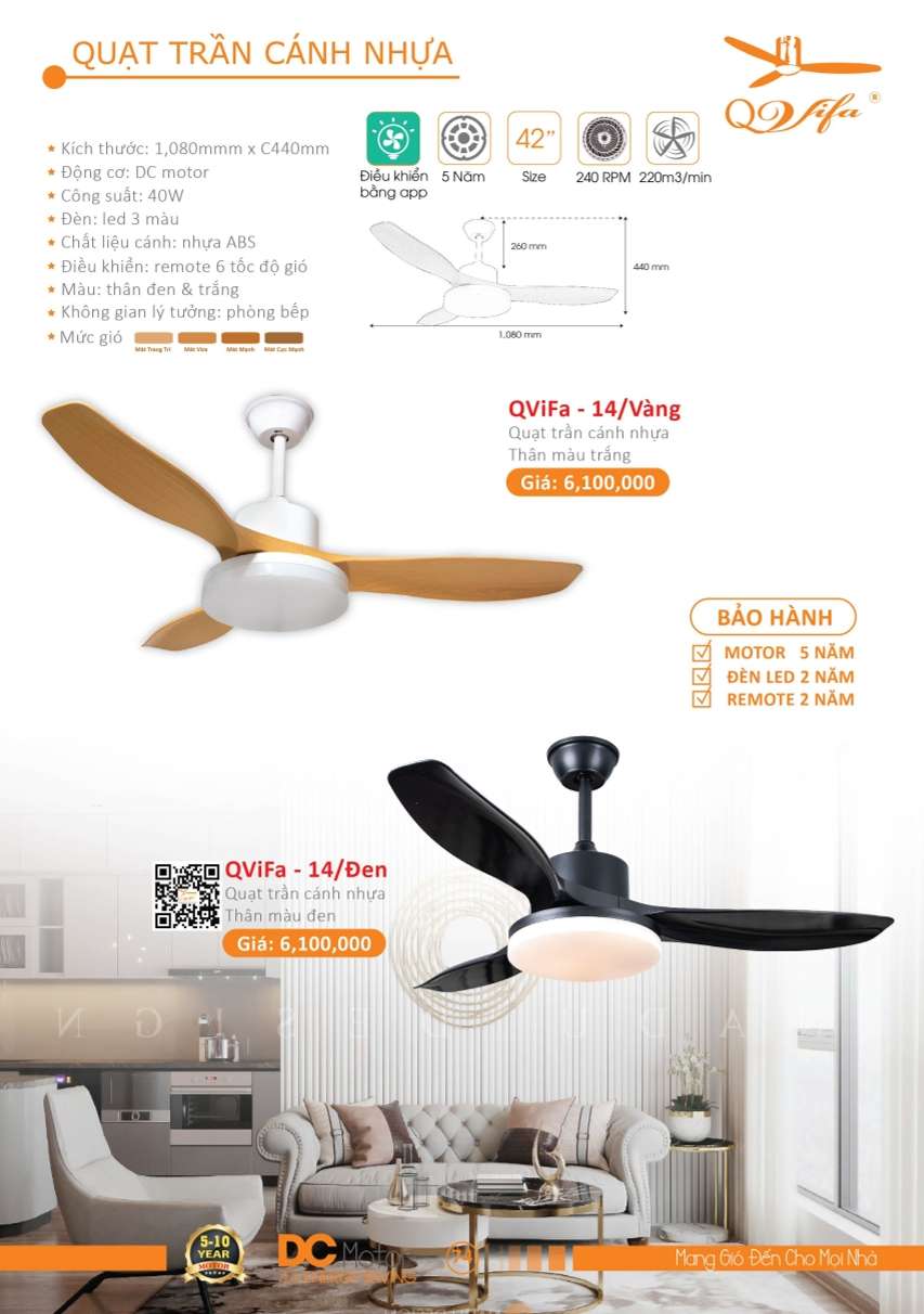 Quạt trần QViFa - 14/Vàng, QViFa - 14/Đen
