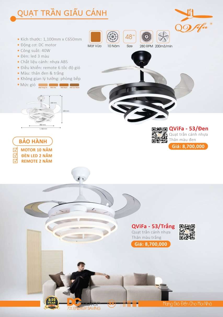 Quạt trần QViFa - 53/Đen, QViFa - 53/Trắng