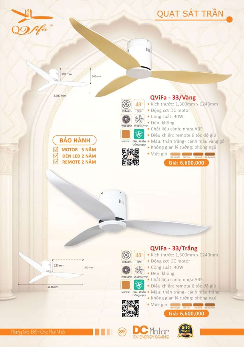 Quạt trần QViFa - 33/Vàng, QViFa - 33/Trắng