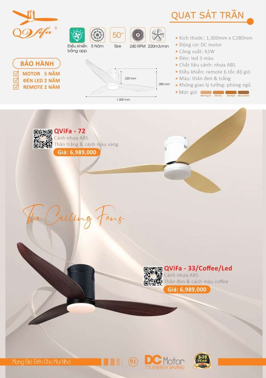 Quạt trần QViFa - 72, QViFa - 33/Coffee/Led
