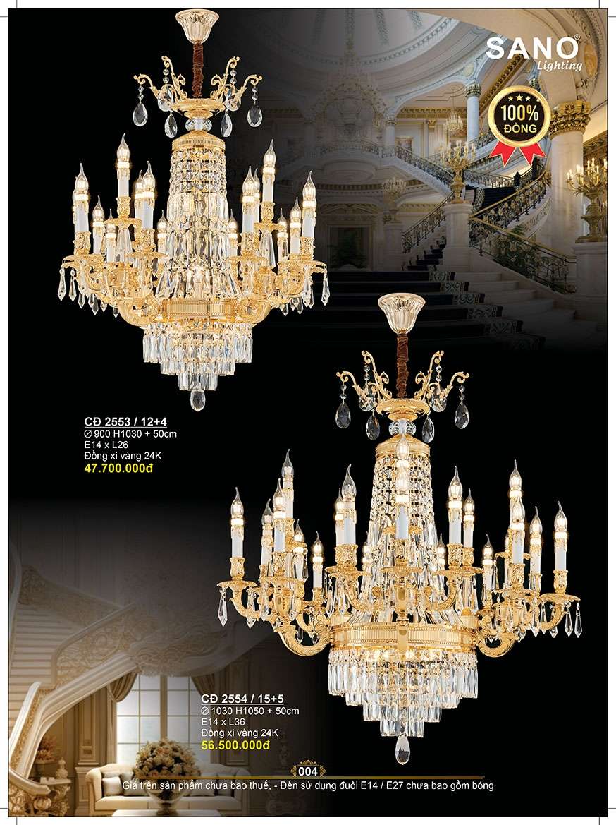 Đèn chùm đồng Sano Lighting CĐ 2553/12+4, CĐ 2554/15+5