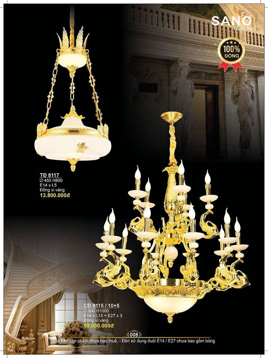 Đèn chùm đồng Sano Lighting CĐ 8115/10+5, TĐ 8117