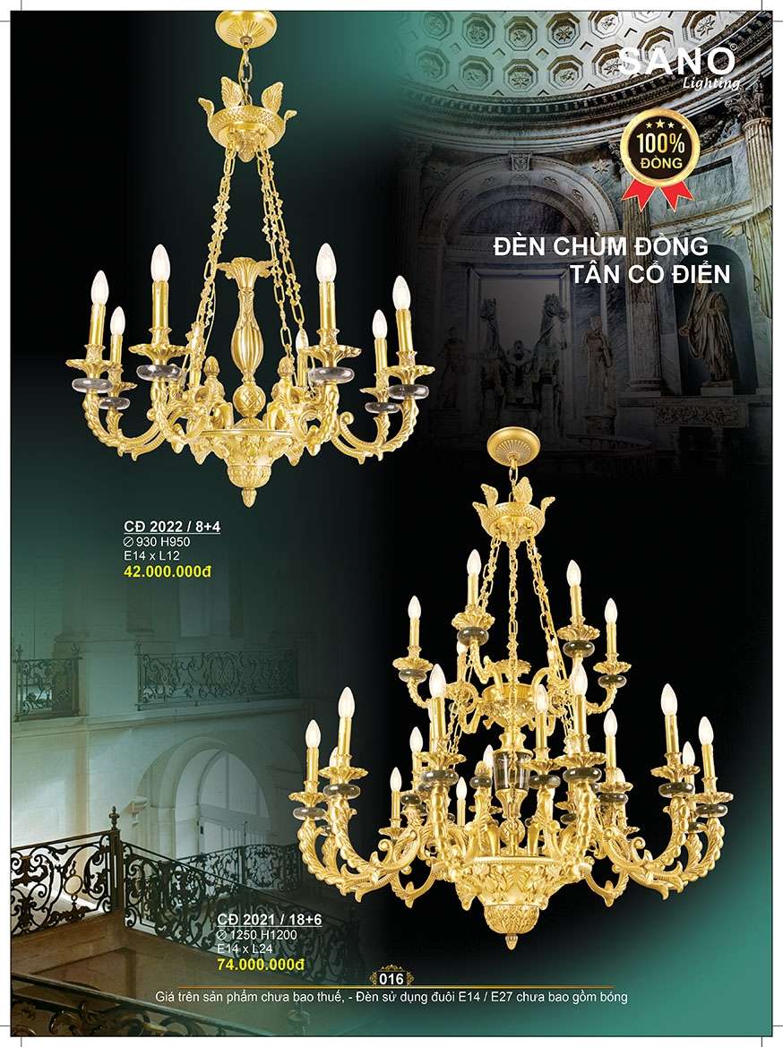 Đèn chùm đồng Sano Lighting CĐ 2022/8+4, CĐ 2021/18+6