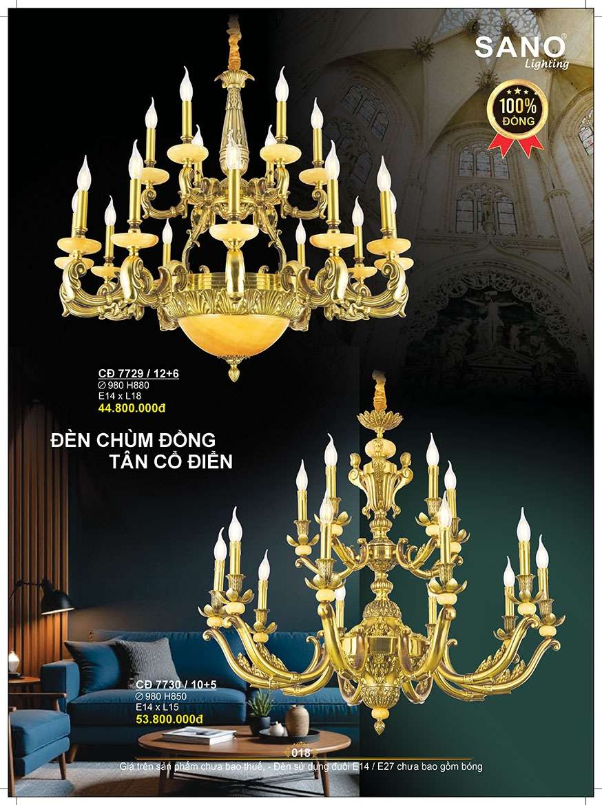 Đèn chùm đồng Sano Lighting CĐ 7729/12+6, CĐ 7730/10+5