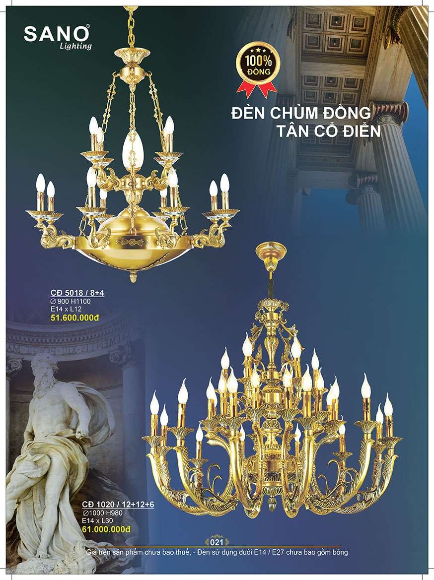 Đèn chùm đồng Sano Lighting CĐ 5018/8+4, CĐ 1020/12+12+6