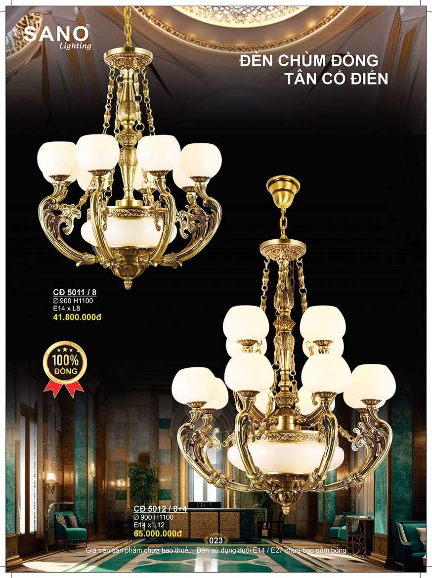 Đèn chùm đồng Sano Lighting CĐ 5011/8, CĐ 5012/8+4