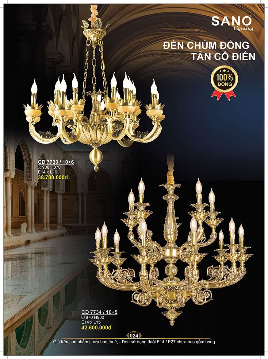 Đèn chùm đồng Sano Lighting CĐ 7733/10+6, CĐ 7734/10+5