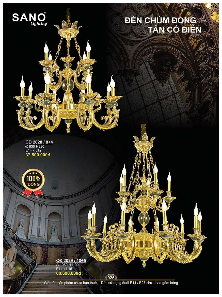 Đèn chùm đồng Sano Lighting CĐ 2028/8+4, CĐ 2029/10+5
