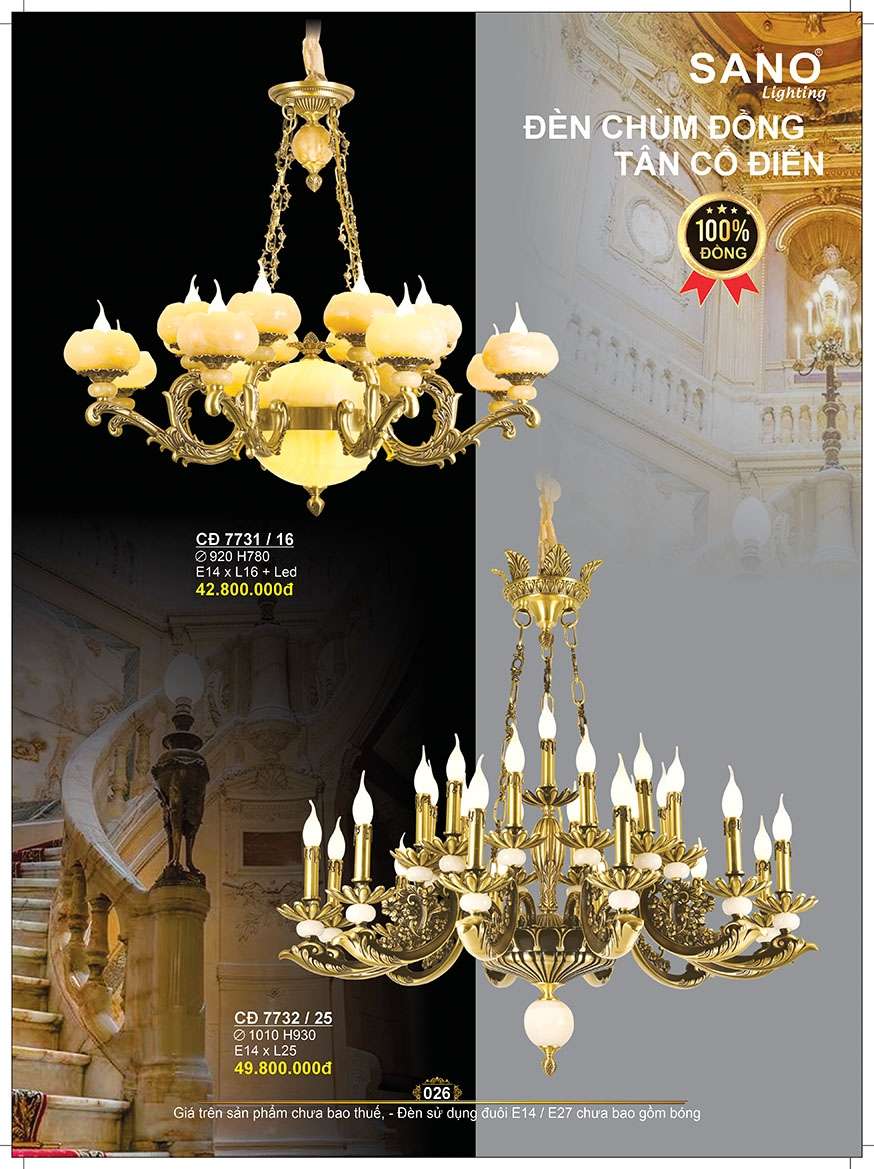Đèn chùm đồng Sano Lighting CĐ 7731/16, CĐ 7732/25