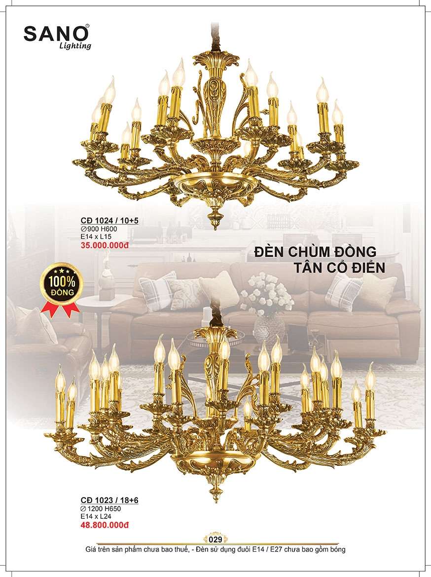Đèn chùm đồng Sano Lighting CĐ 1024/10+5, CĐ 1023/18+6