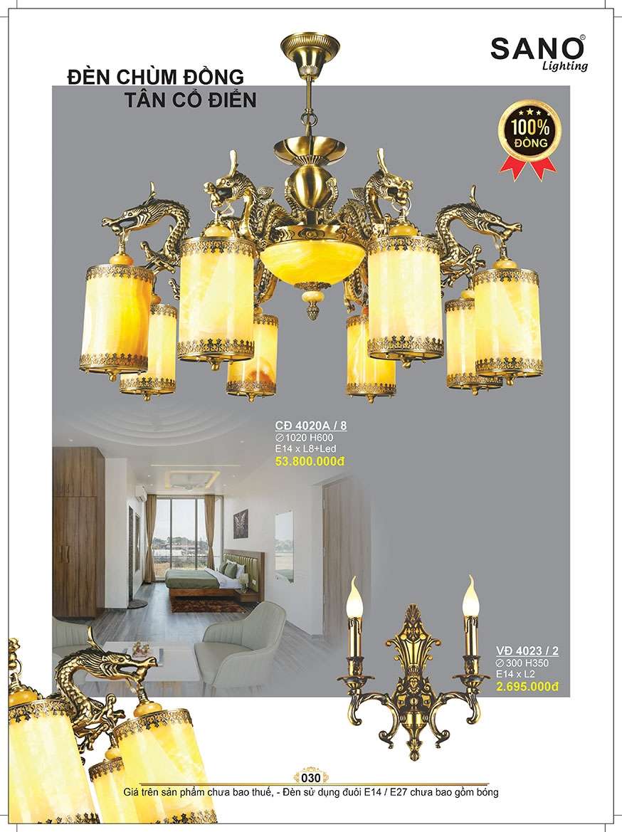 Đèn chùm đồng Sano Lighting CĐ 4020A/8, VĐ 4023/2