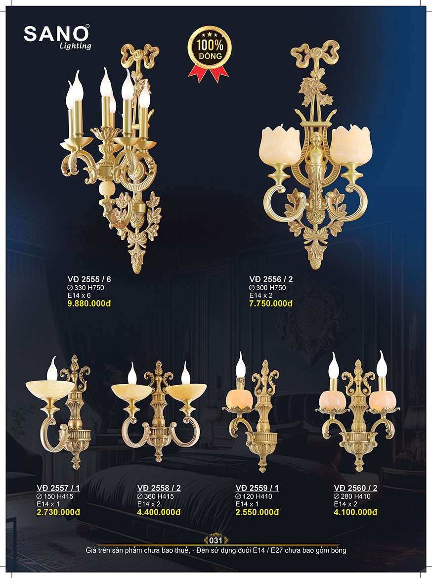 Đèn vách đồng Sano Lighting VĐ 2555/6, VĐ 2556/2, VĐ 2557/1, VĐ 2558/2, VĐ 2559/1, VĐ 2560/2