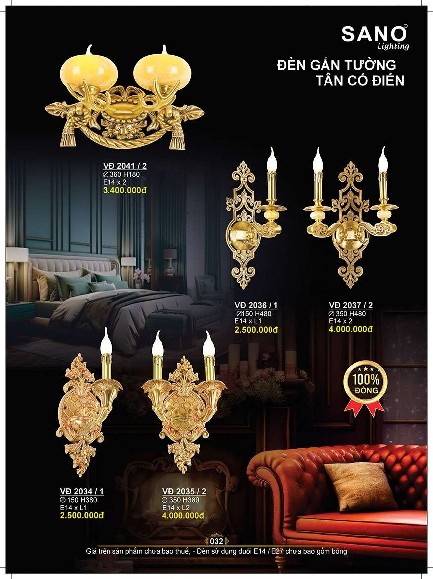 Đèn vách đồng Sano Lighting VĐ 2034/1, VĐ 2035/2, VĐ 2036/1, VĐ 2037/2, VĐ 2041/2