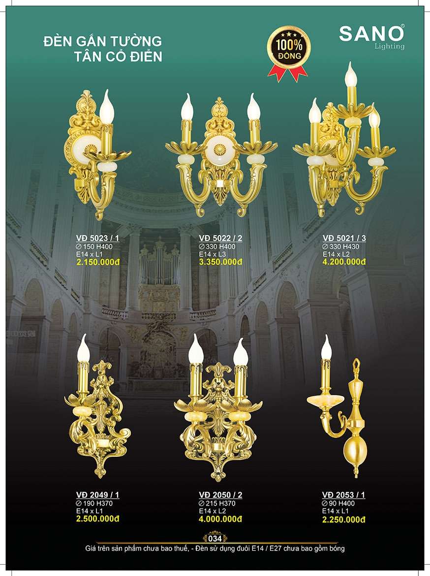 Đèn vách đồng Sano Lighting VĐ 5023/1, VĐ 5022/2, VĐ 5021/3, VĐ 2049/1, VĐ 2050/2, VĐ 2053/1