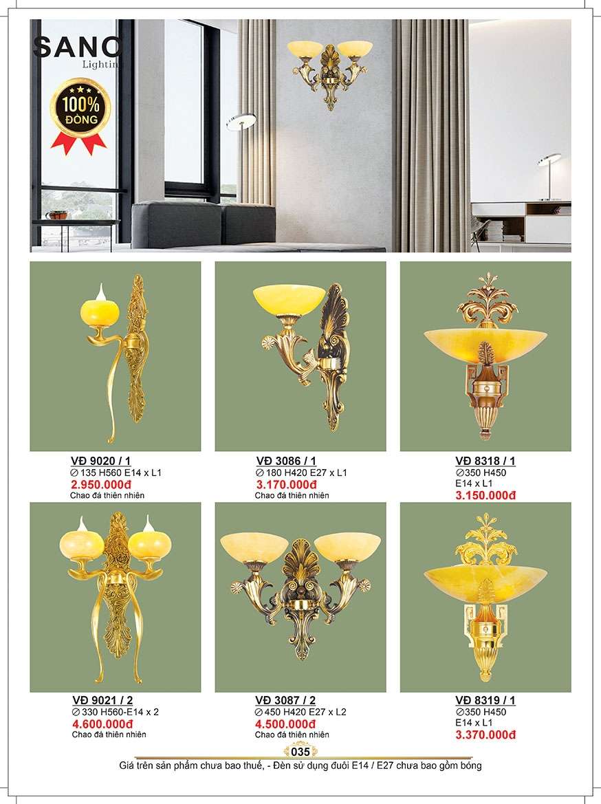 Đèn vách đồng Sano Lighting VĐ 9020/1, VĐ 9021/2, VĐ 3086/1, VĐ 3087/2, VĐ 8318/1, VĐ 8319/1