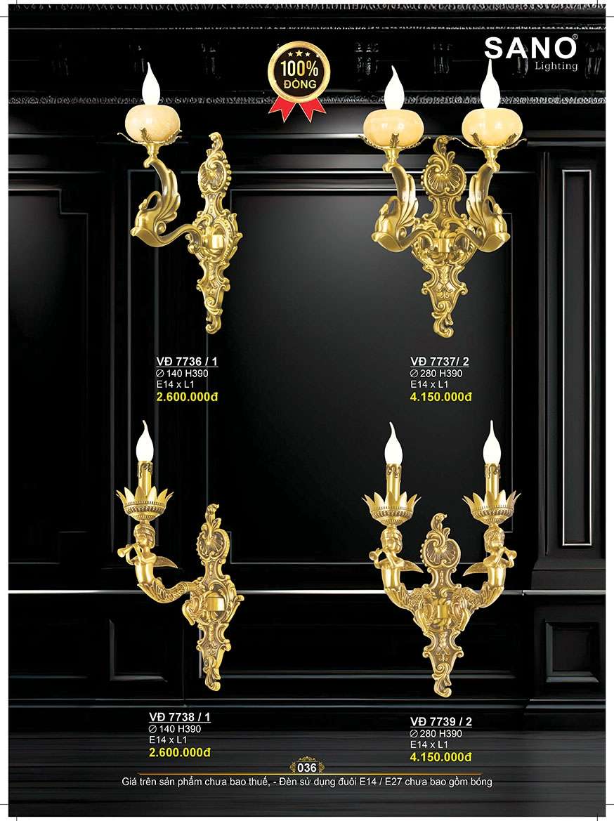 Đèn vách đồng Sano Lighting VĐ 7736/1, VĐ 7737/2, VĐ 7738/1, VĐ 7739/2