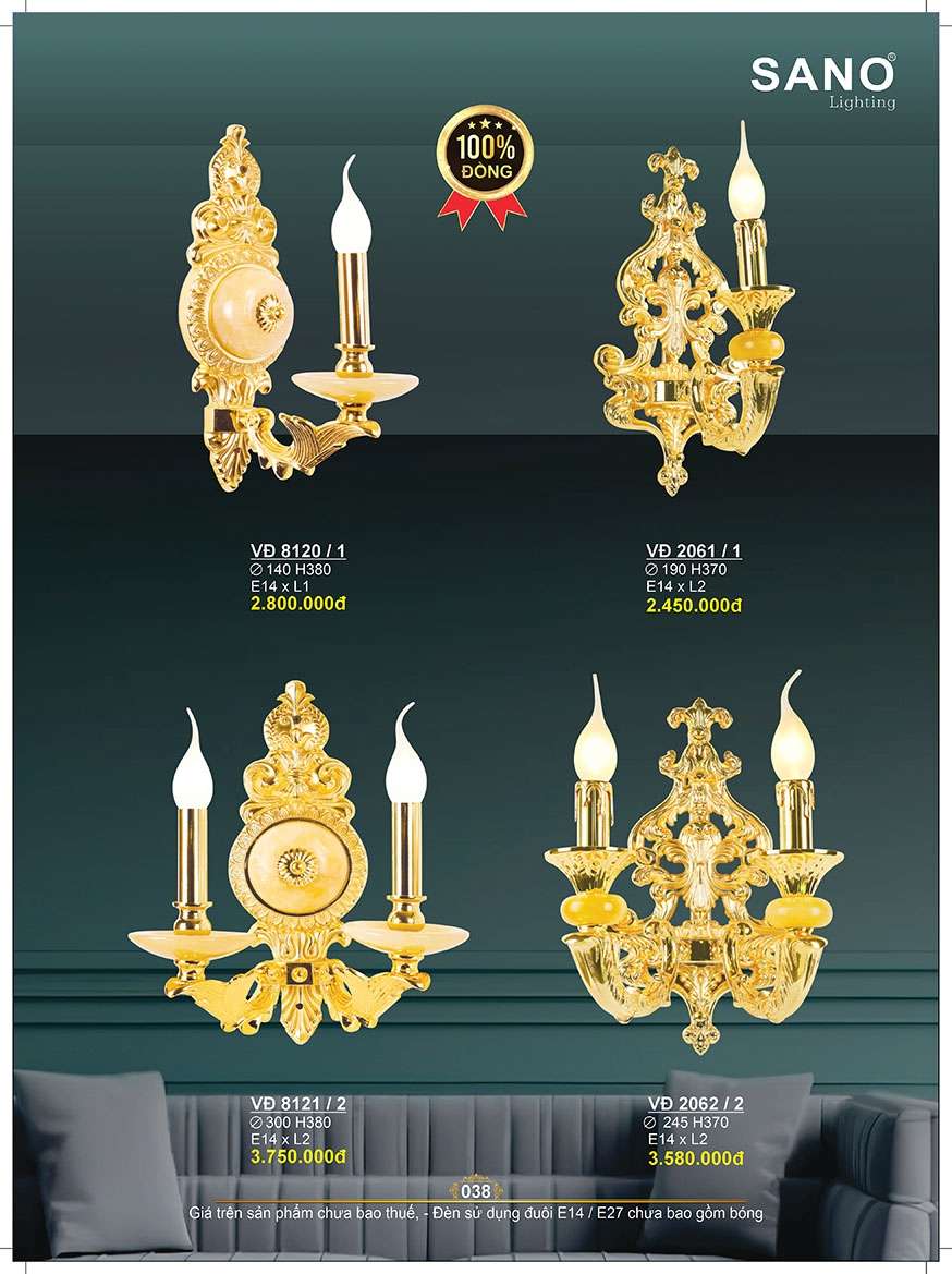 Đèn vách đồng Sano Lighting VĐ 8120/1, VĐ 8121/2, VĐ 2061/1, VĐ 2062/2