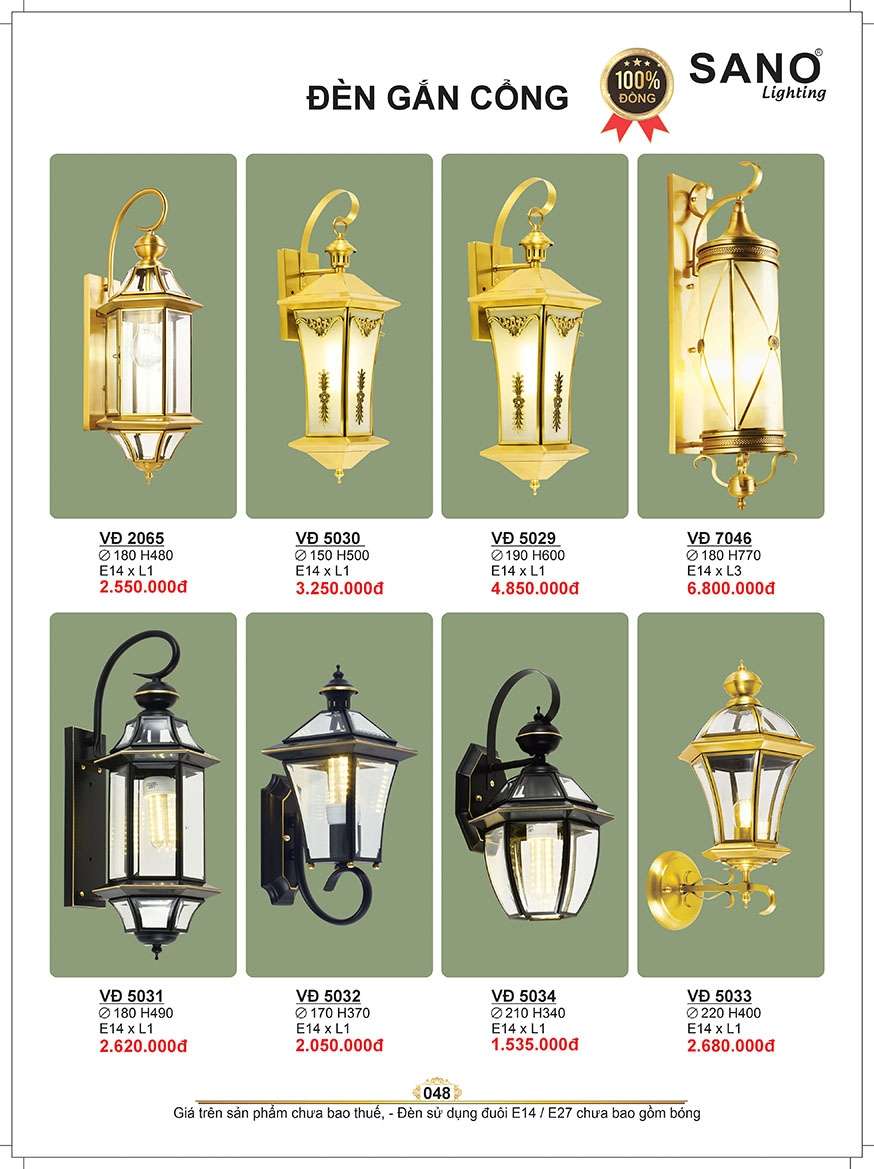 Đèn vách đồng Sano Lighting VĐ 2065, VĐ 5030, VĐ 5029, VĐ 7046, VĐ 5031, VĐ 5032, VĐ 5034, VĐ 5033