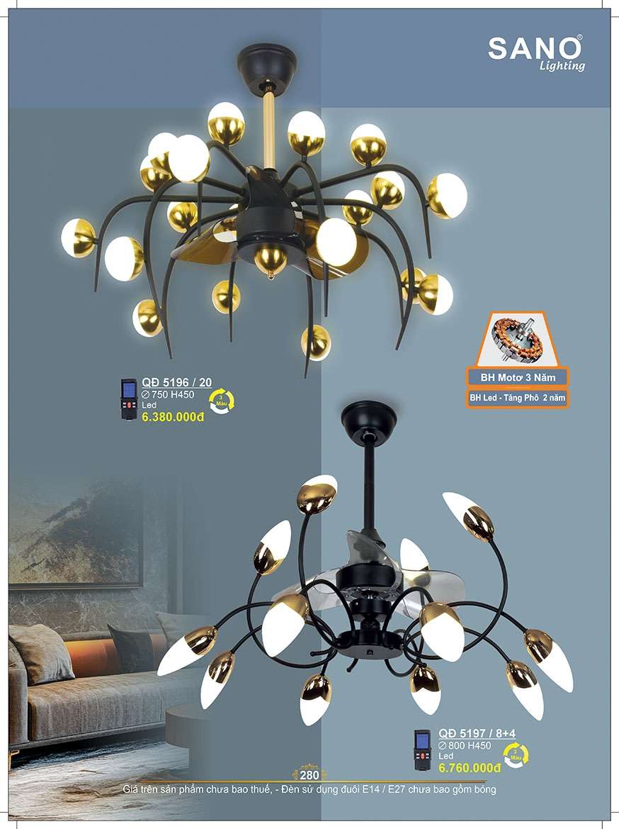 Quạt trần Sano Lighting QĐ 5196/20, Q 5197/8+4
