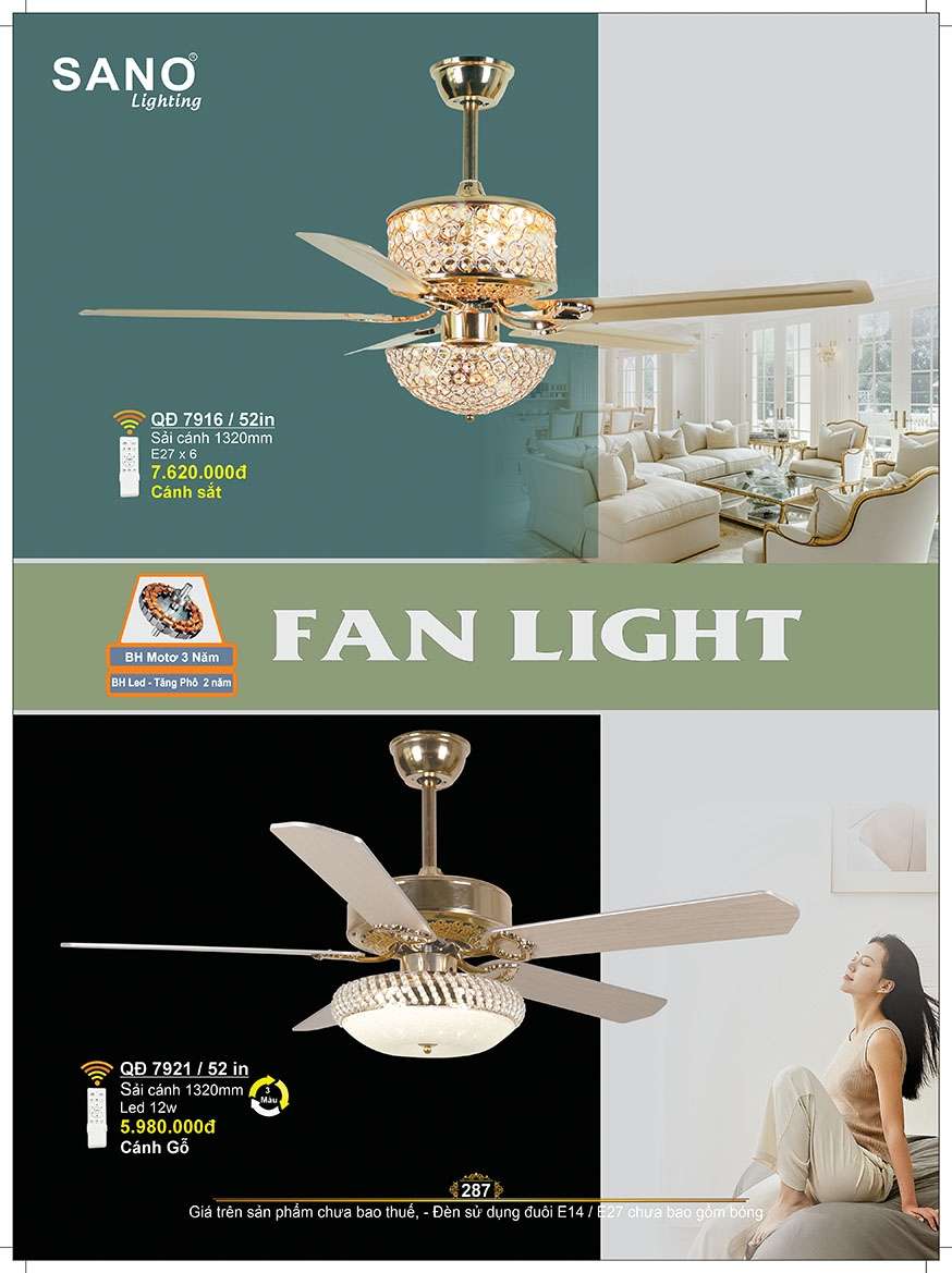 Quạt trần Sano Lighting QĐ 7916/52in, QĐ 7921/52in