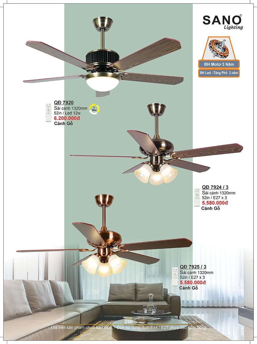 Quạt trần Sano Lighting QĐ 7920, QĐ 7924/3, QĐ 7925/3