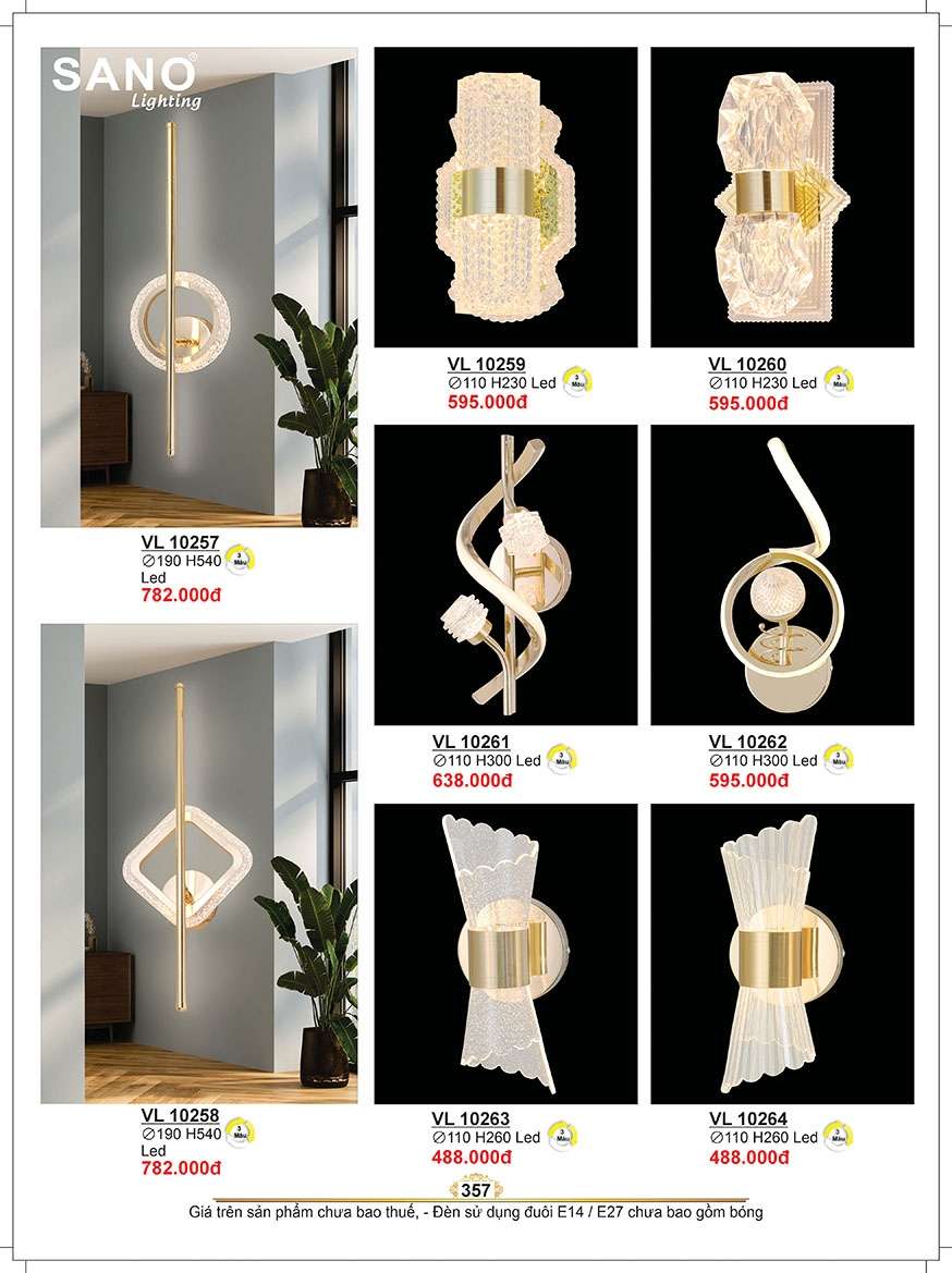 Đèn tường Sano Lighting VL 10257, VL 10258, VL 10259, VL 10260, VL 10261, VL 10262, VL 10262, VL 10263, VL 10264