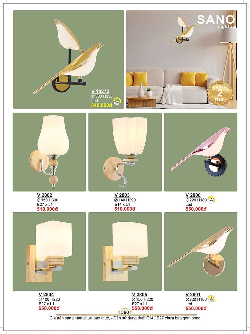 Đèn tường Sano Lighting V 10272, V 2802, V 2803, V 2800, V 2804, V 2805, V 2801