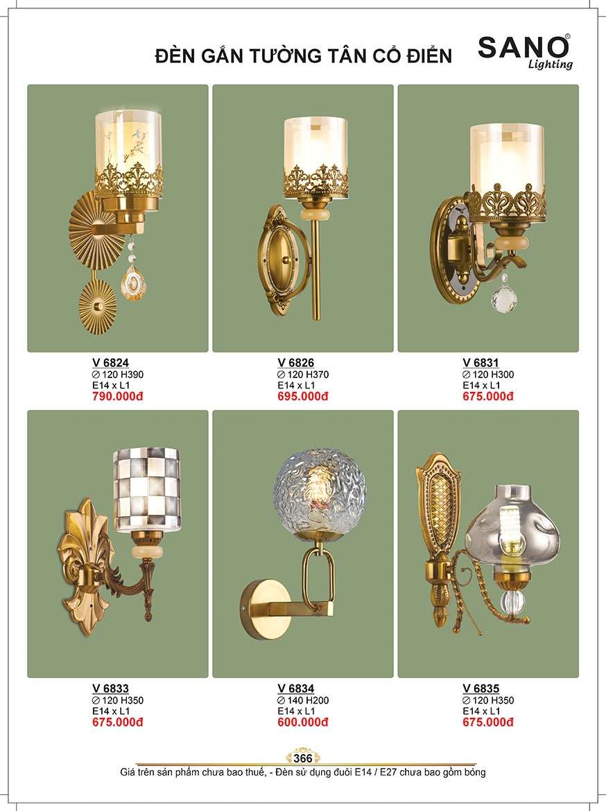 Đèn tường Sano Lighting V 6824, V 6826, V 6831, V 6833, V 6834, V 6835