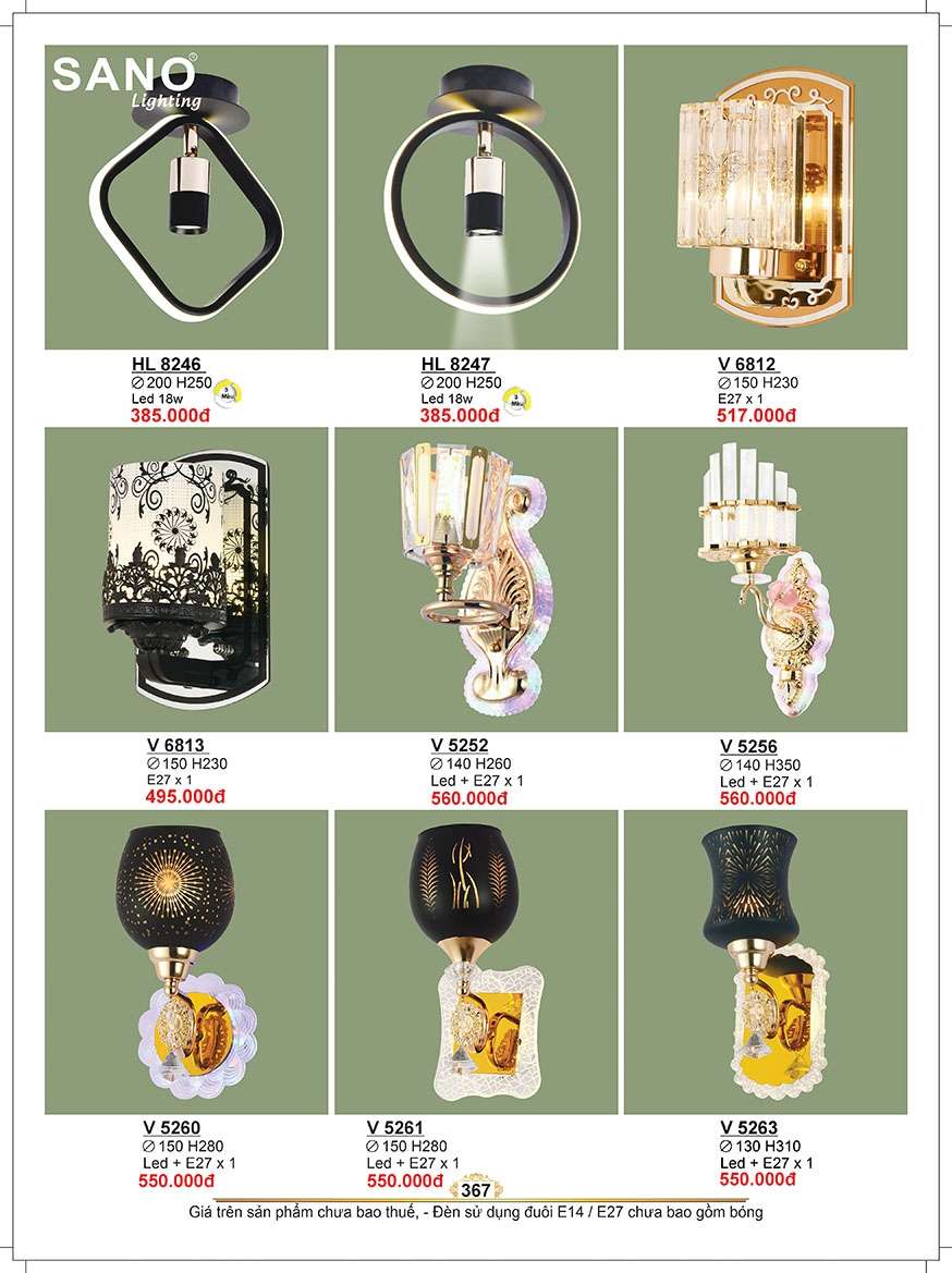 Đèn tường Sano Lighting HL 8246, HL 8247, V 6812, V 6813, V 5252, V 5256, V 5260, V 5261, V 5263