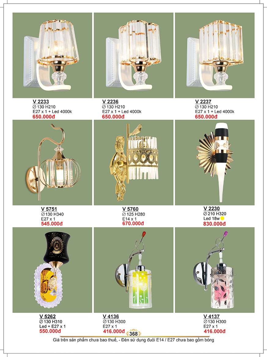 Đèn tường Sano Lighting V 2233, V 2236, V 2237, V 5751, V 5760, V 2230, V 5262, V 4136, V 4137