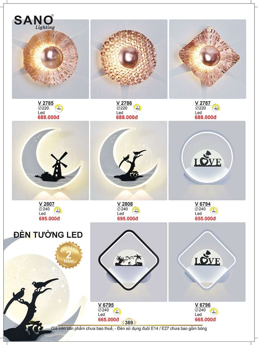 Đèn tường Sano Lighting V 2785, V 2786, V 2787, V 2807, V 2808, V 6794, V 6795, V 6796