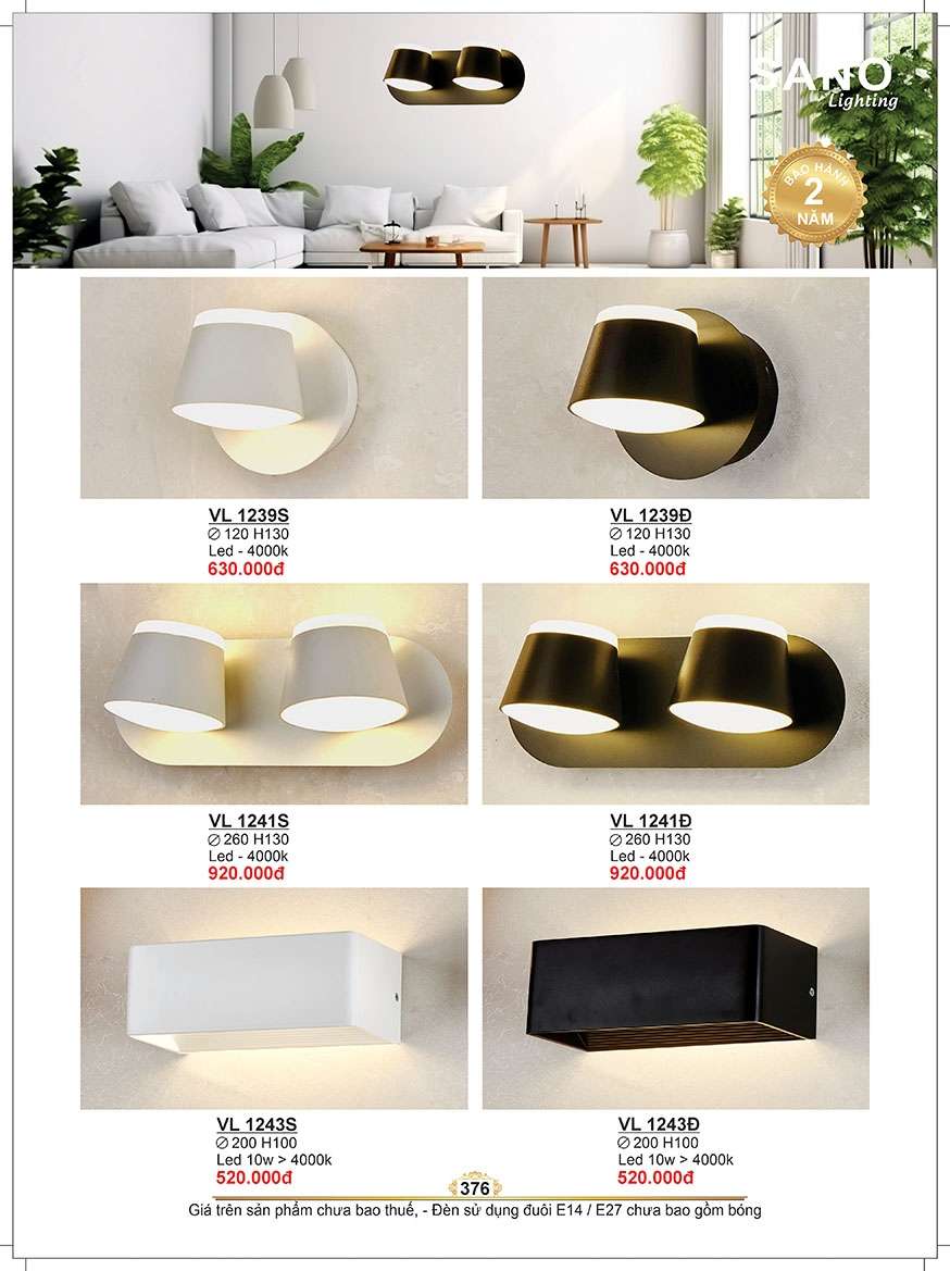 Đèn vách Sano Lighting VL 1239S, VL 1239Đ, VL 1241S, VL 1241Đ, VL 1243S, VL 1243Đ