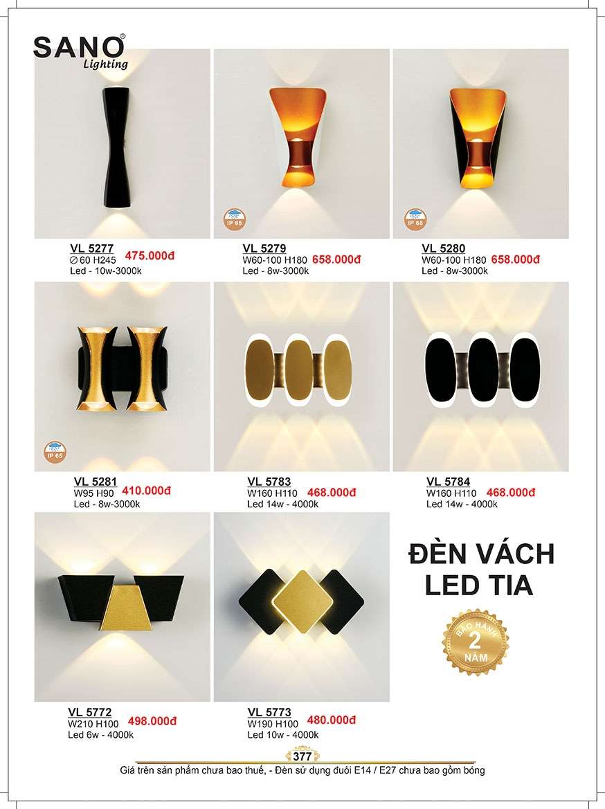 Đèn vách Sano Lighting VL 5277, VL 5279, VL 5280, VL 5281, VL 5783, VL 5784, VL 5772, VL 5773