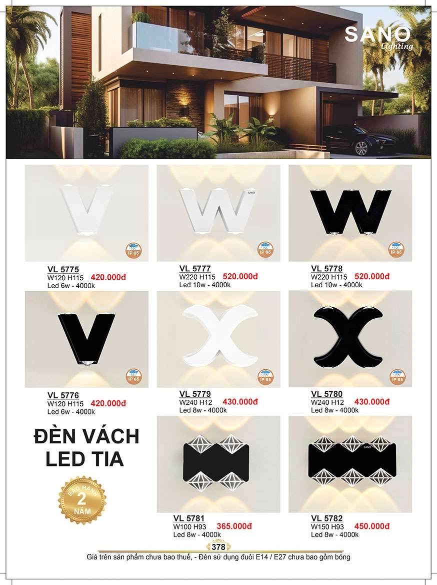 Đèn vách Sano Lighting VL 5775, VL 5777, VL 5778, VL 5776, VL 5779, VL 5780, VL 5781, VL 5782